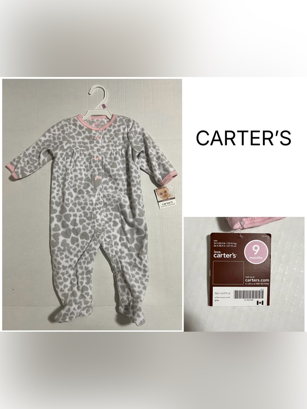 CARTER’S - 9M - NWT - INFANT GIRLS HEART FLEECE SLEEPER